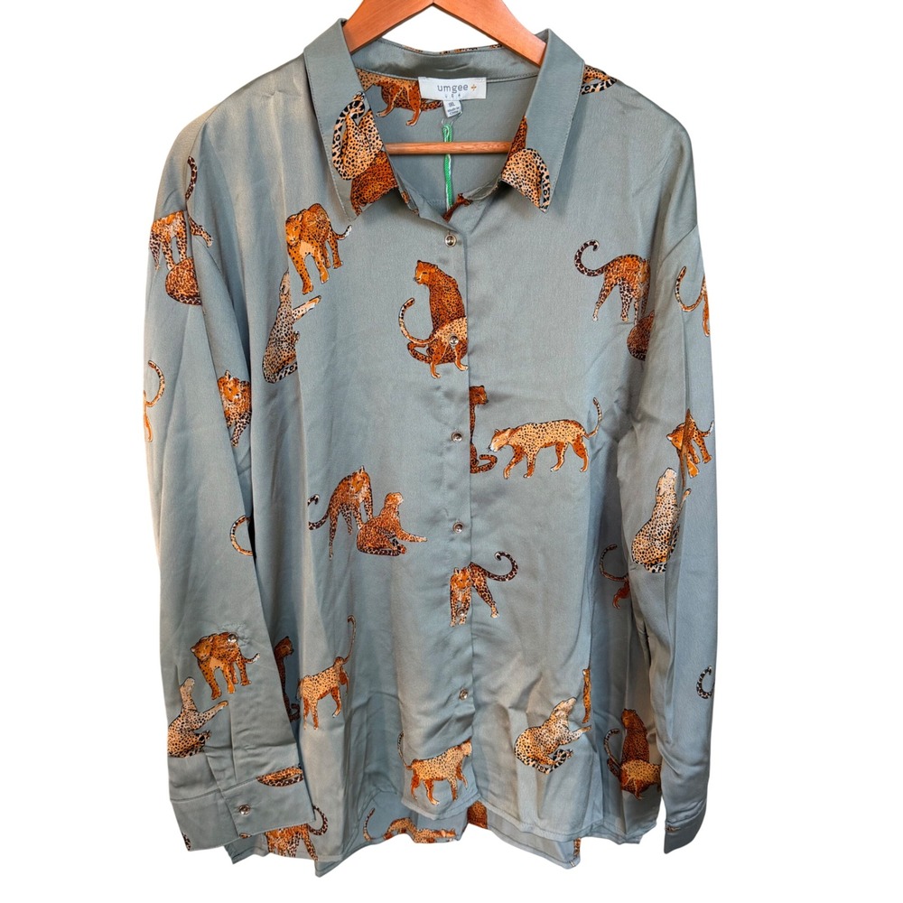 Umgee Plus Leopard Print Shirt Sage Green Satin Blouse 1XL Eclectic Safari Chic - Picture 3 of 11